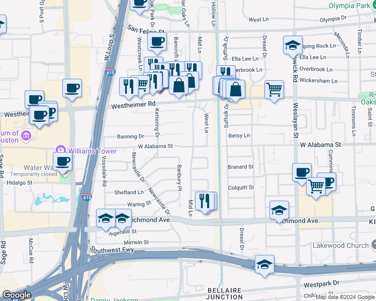 map of restaurants, bars, coffee shops, grocery stores, and more near 3006 Mid Lane in Houston