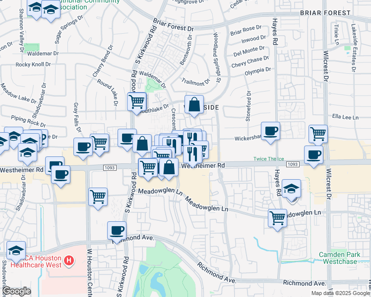 map of restaurants, bars, coffee shops, grocery stores, and more near 2500 Woodland Park Drive in Houston