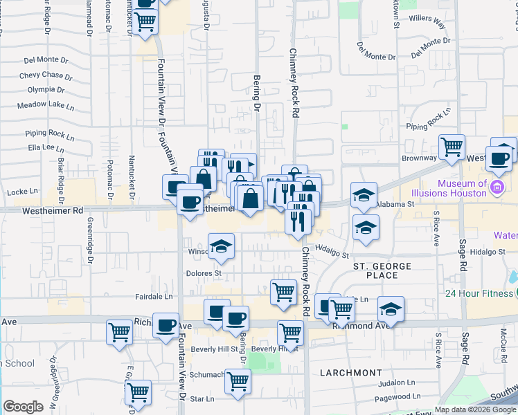 map of restaurants, bars, coffee shops, grocery stores, and more near in Houston