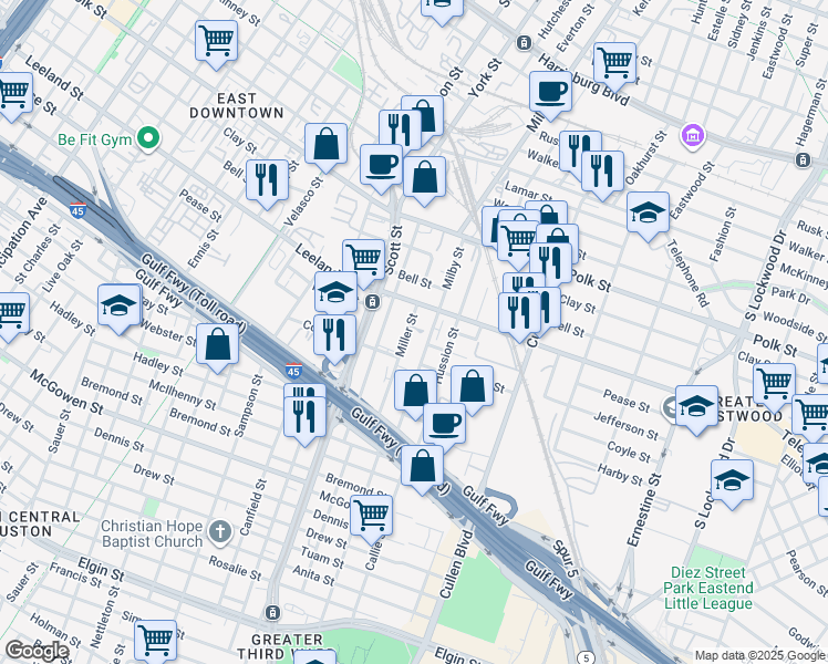 map of restaurants, bars, coffee shops, grocery stores, and more near 1613 Miller Street in Houston