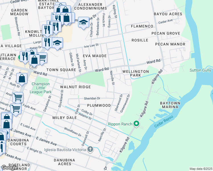 map of restaurants, bars, coffee shops, grocery stores, and more near 1510 Echols Drive in Baytown
