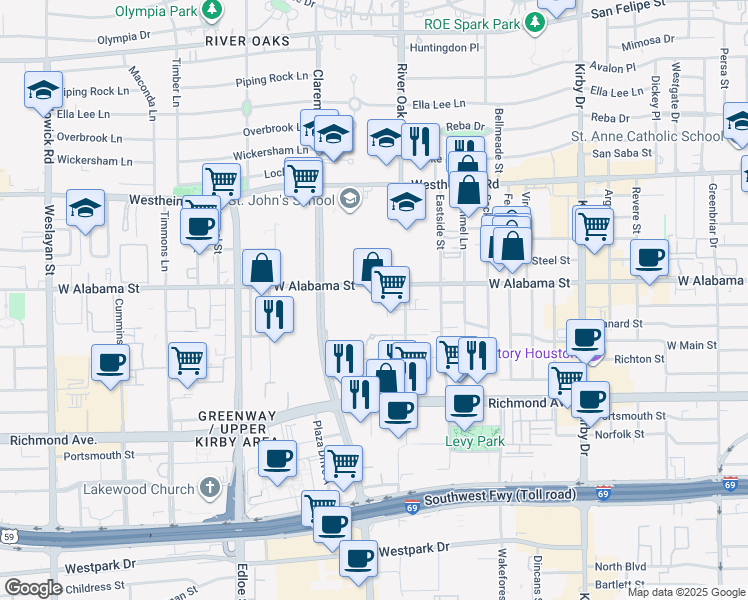map of restaurants, bars, coffee shops, grocery stores, and more near 3355 West Alabama Street in Houston