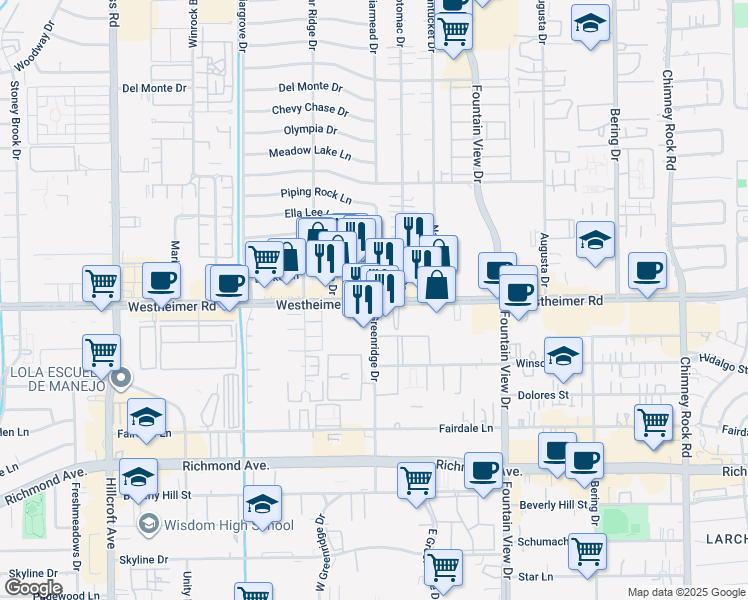 map of restaurants, bars, coffee shops, grocery stores, and more near Westheimer Rd & Greenridge Dr in Houston