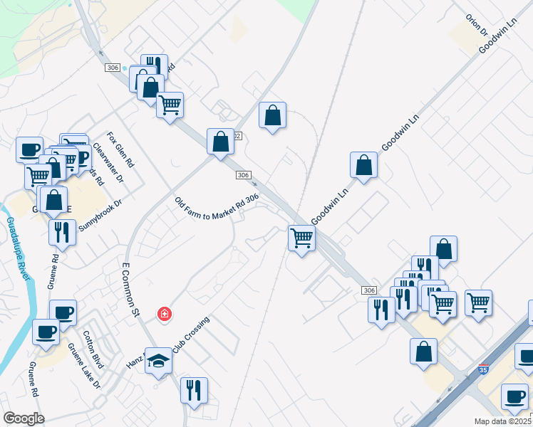 map of restaurants, bars, coffee shops, grocery stores, and more near 2090 Sundance Parkway in New Braunfels