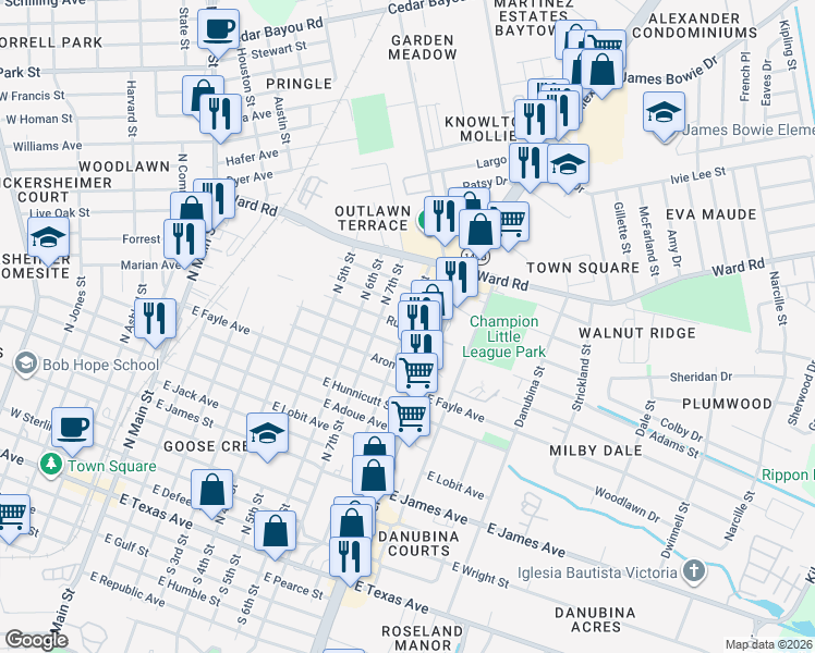 map of restaurants, bars, coffee shops, grocery stores, and more near 801 Ruth Street in Baytown