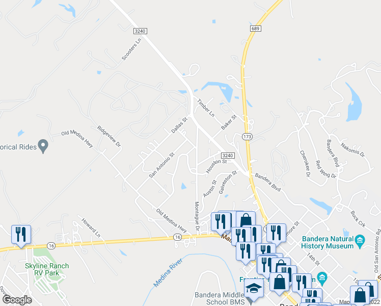 map of restaurants, bars, coffee shops, grocery stores, and more near 150 San Angelo Street in Bandera