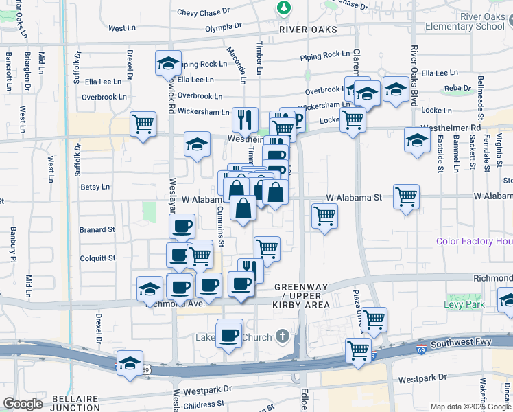 map of restaurants, bars, coffee shops, grocery stores, and more near 3637 West Alabama Street in Houston