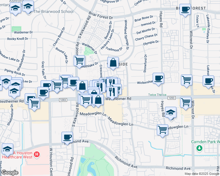 map of restaurants, bars, coffee shops, grocery stores, and more near 2500 Woodland Park Drive in Houston