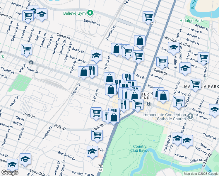 map of restaurants, bars, coffee shops, grocery stores, and more near 6642 Harrisburg Boulevard in Houston