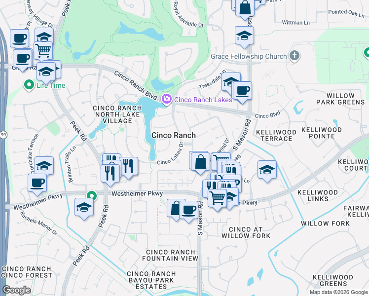 map of restaurants, bars, coffee shops, grocery stores, and more near 3403 Cinco Lakes Drive in Katy