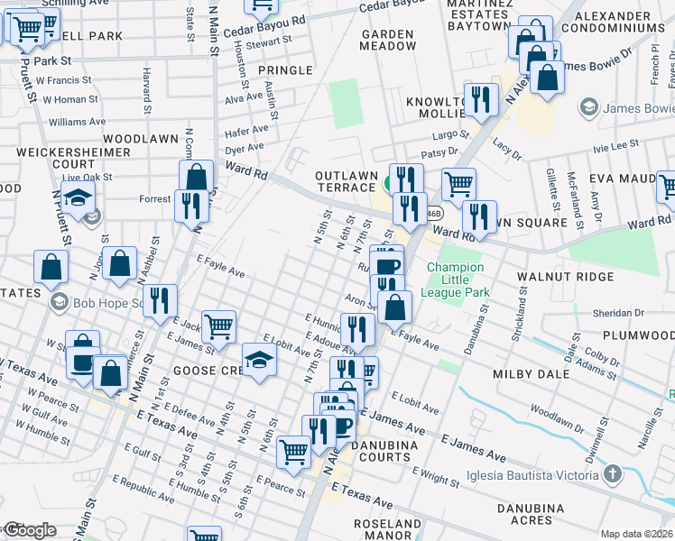 map of restaurants, bars, coffee shops, grocery stores, and more near 701 Alford Street in Baytown