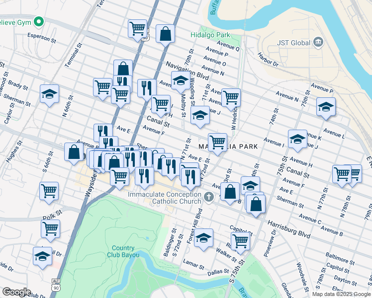 map of restaurants, bars, coffee shops, grocery stores, and more near 7044 Avenue E in Houston