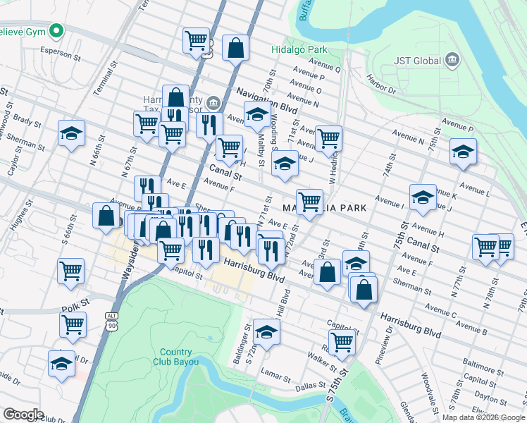 map of restaurants, bars, coffee shops, grocery stores, and more near 7044 Avenue E in Houston