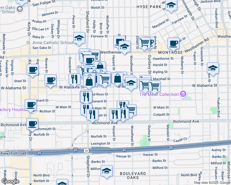 map of restaurants, bars, coffee shops, grocery stores, and more near 1907 Sul Ross Street in Houston