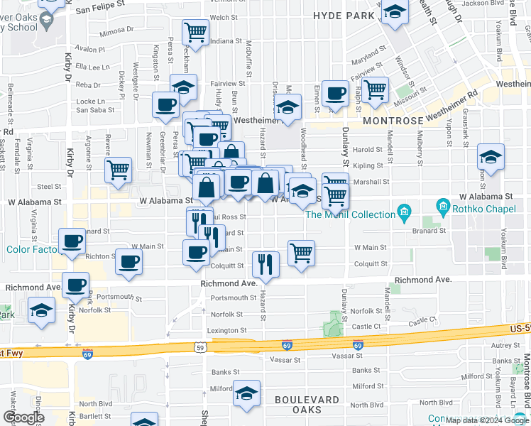 map of restaurants, bars, coffee shops, grocery stores, and more near 1907 Sul Ross Street in Houston