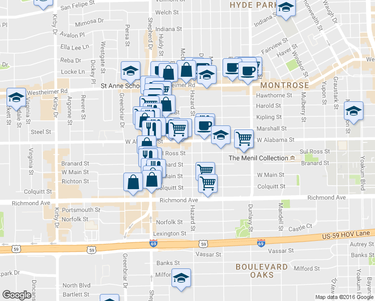 map of restaurants, bars, coffee shops, grocery stores, and more near 1907 Sul Ross Street in Houston