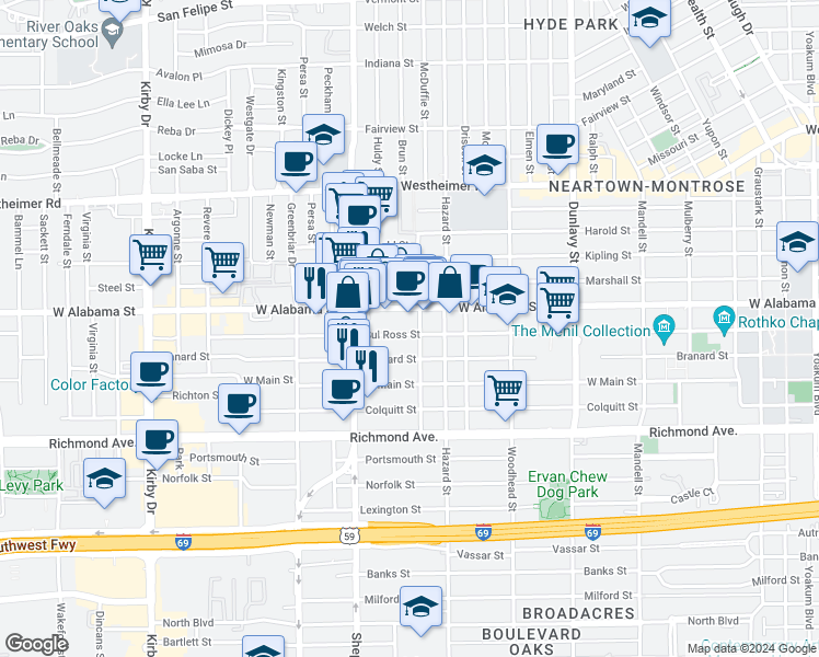 map of restaurants, bars, coffee shops, grocery stores, and more near 2021 Sul Ross Street in Houston