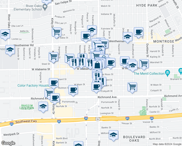 map of restaurants, bars, coffee shops, grocery stores, and more near 2125 Sul Ross Street in Houston
