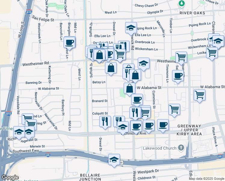 map of restaurants, bars, coffee shops, grocery stores, and more near 3013 Drexel Drive in Houston