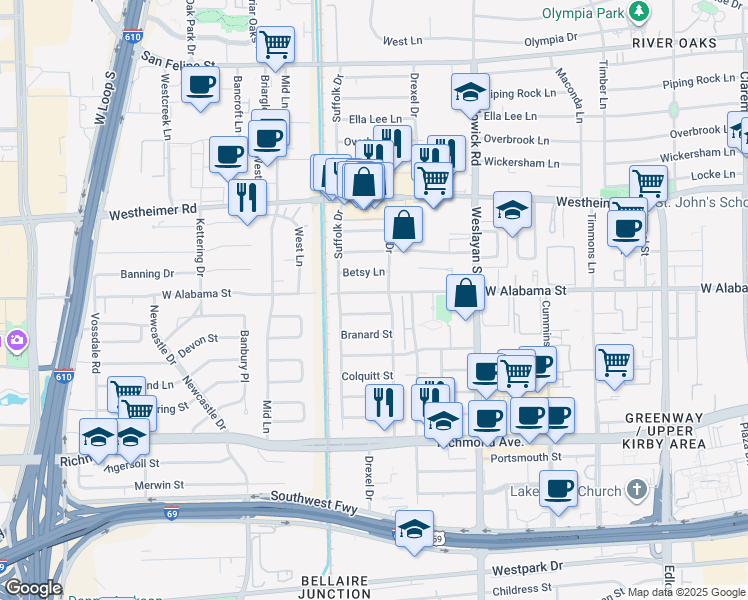 map of restaurants, bars, coffee shops, grocery stores, and more near 4018 West Alabama Street in Houston