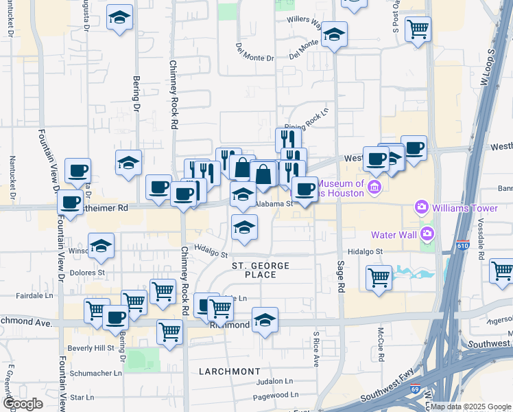 map of restaurants, bars, coffee shops, grocery stores, and more near 5445 West Alabama Street in Houston