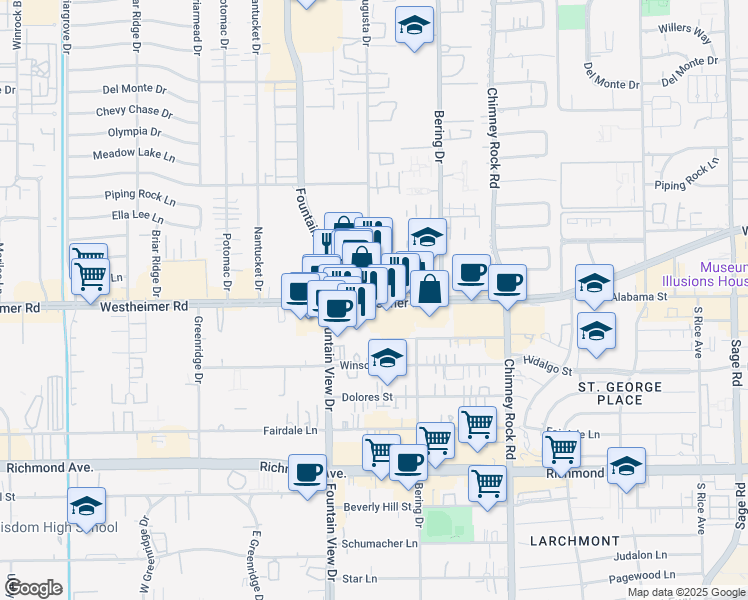 map of restaurants, bars, coffee shops, grocery stores, and more near 5851 Westheimer Road in Houston