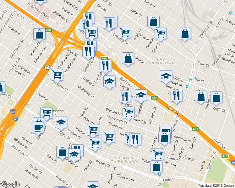 map of restaurants, bars, coffee shops, grocery stores, and more near 3023 Trulley Street in Houston