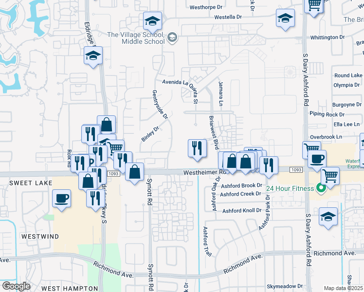 map of restaurants, bars, coffee shops, grocery stores, and more near 2400 Briarwest Boulevard in Houston