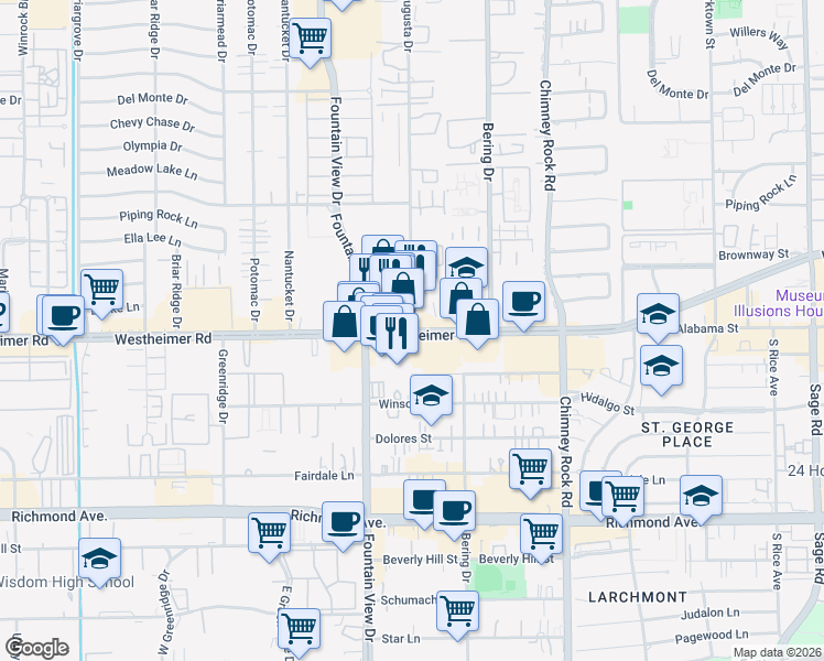 map of restaurants, bars, coffee shops, grocery stores, and more near Westheimer Rd & Augusta Dr in Houston