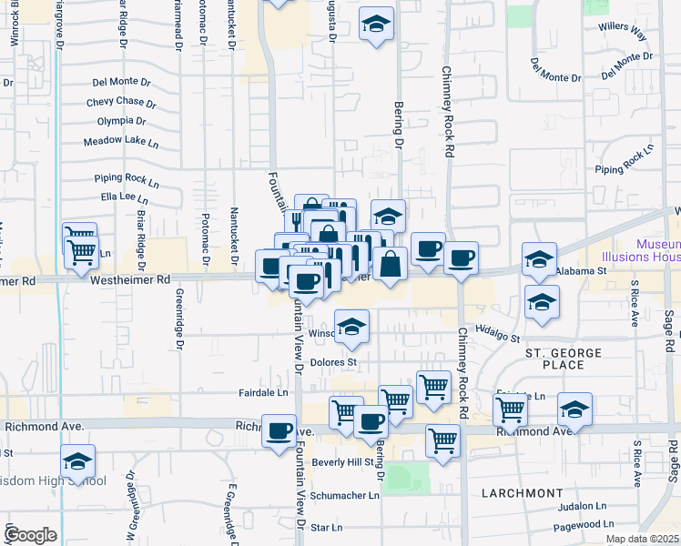 map of restaurants, bars, coffee shops, grocery stores, and more near 5830 Westheimer Road in Houston