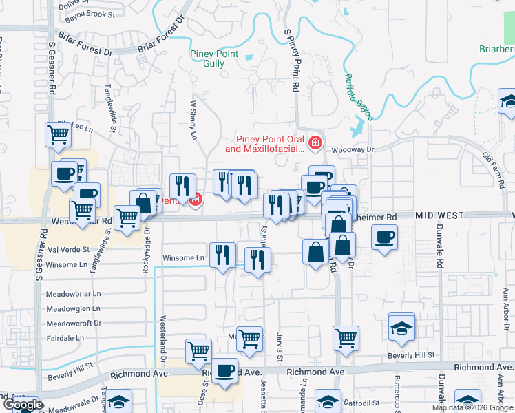 map of restaurants, bars, coffee shops, grocery stores, and more near 9292 Westheimer Road in Houston