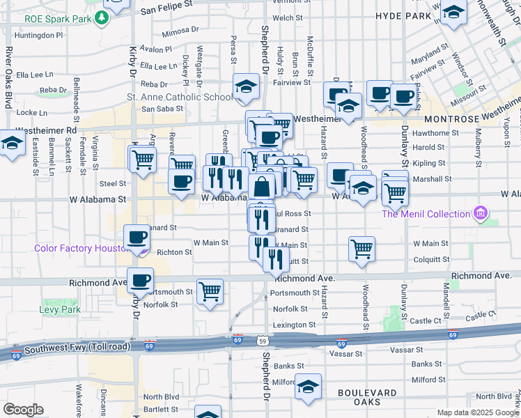 map of restaurants, bars, coffee shops, grocery stores, and more near 2059 Sul Ross Street in Houston