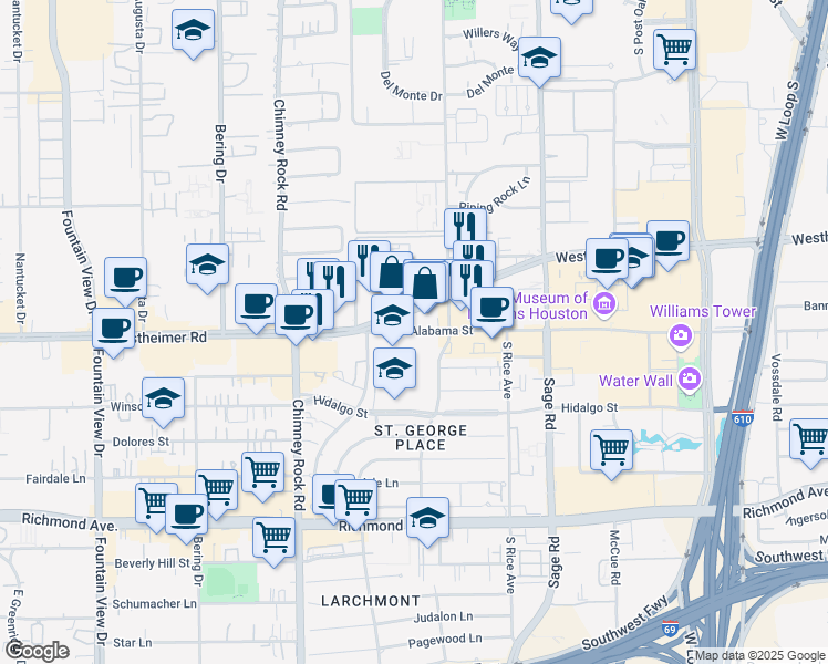 map of restaurants, bars, coffee shops, grocery stores, and more near 5445 West Alabama Street in Houston