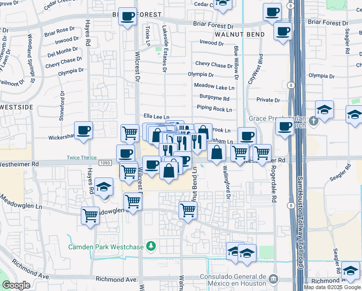 map of restaurants, bars, coffee shops, grocery stores, and more near 10826 Westheimer Road in Houston