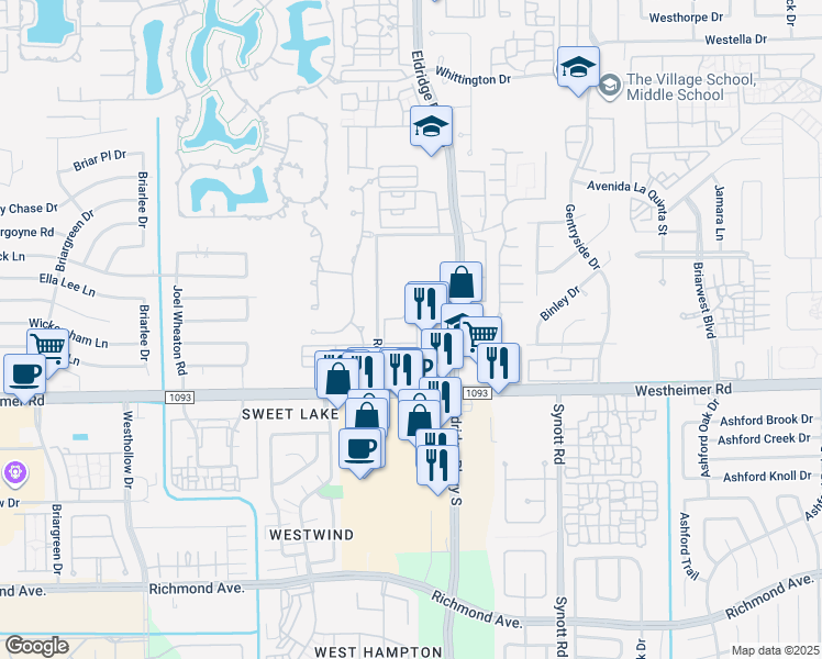 map of restaurants, bars, coffee shops, grocery stores, and more near 13328 Westheimer Road in Houston