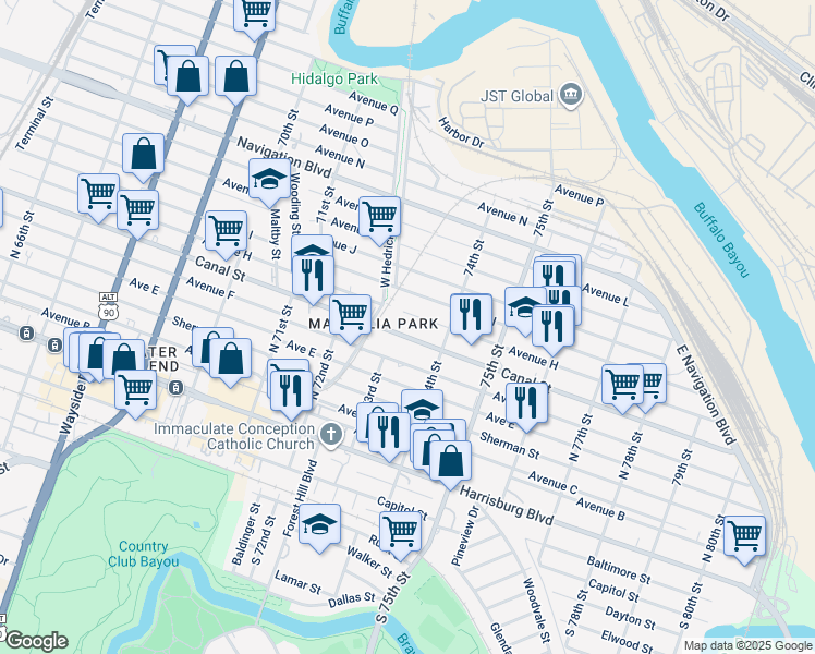map of restaurants, bars, coffee shops, grocery stores, and more near 7321 Canal Street in Houston