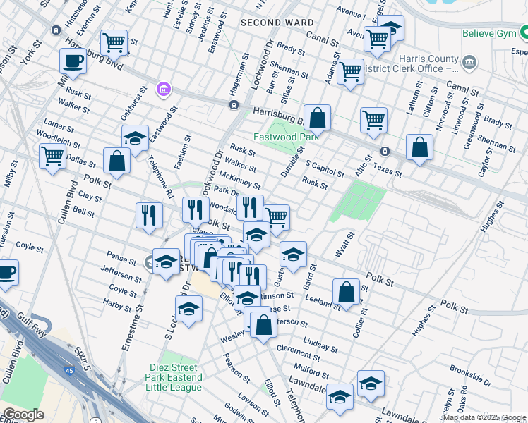 map of restaurants, bars, coffee shops, grocery stores, and more near 1103 Dumble Street in Houston