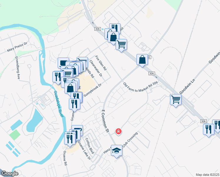 map of restaurants, bars, coffee shops, grocery stores, and more near 2046-2298 East Common Street in New Braunfels