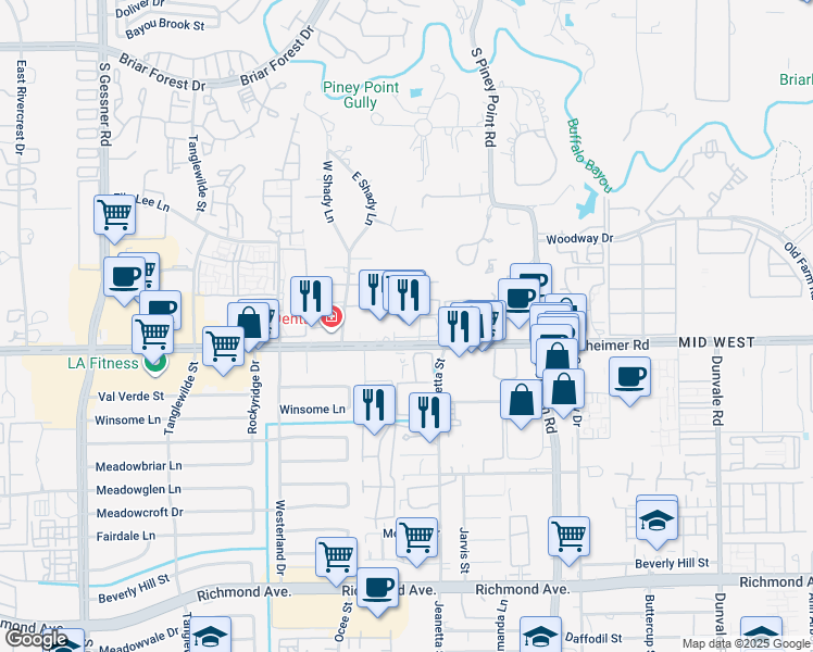 map of restaurants, bars, coffee shops, grocery stores, and more near 9292 Westheimer Road in Houston