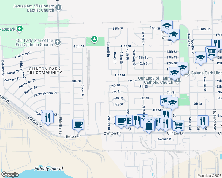 map of restaurants, bars, coffee shops, grocery stores, and more near 419 Graham Drive in Galena Park