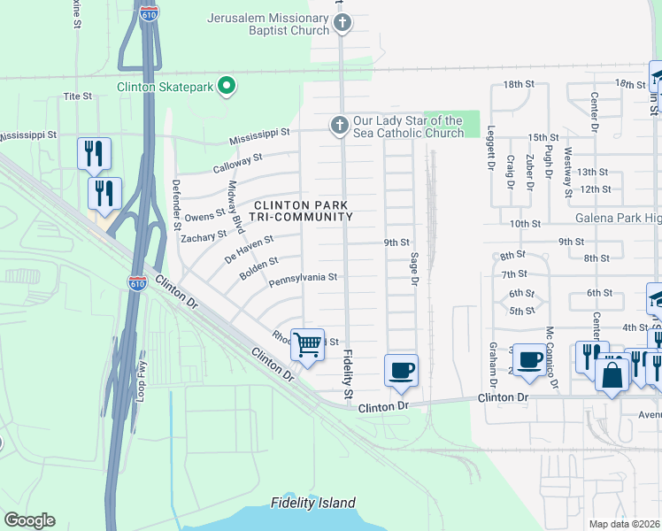 map of restaurants, bars, coffee shops, grocery stores, and more near 320 Pennsylvania Street in Houston