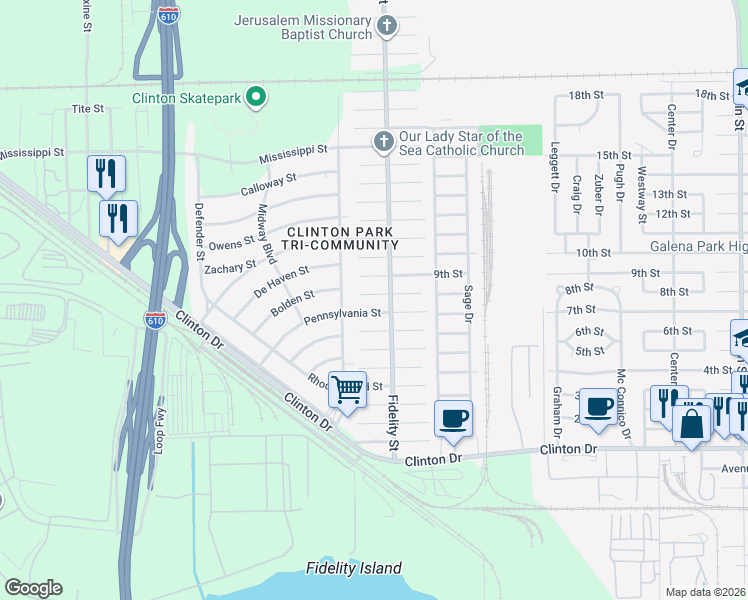 map of restaurants, bars, coffee shops, grocery stores, and more near 320 Pennsylvania Street in Houston