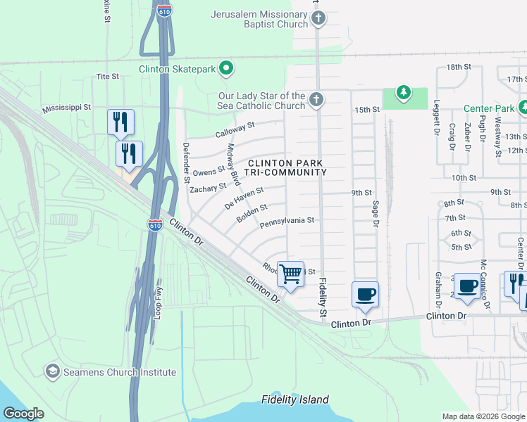map of restaurants, bars, coffee shops, grocery stores, and more near 201 Pennsylvania Street in Houston