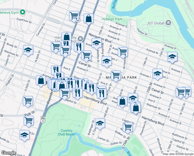 map of restaurants, bars, coffee shops, grocery stores, and more near 7044 Avenue E in Houston