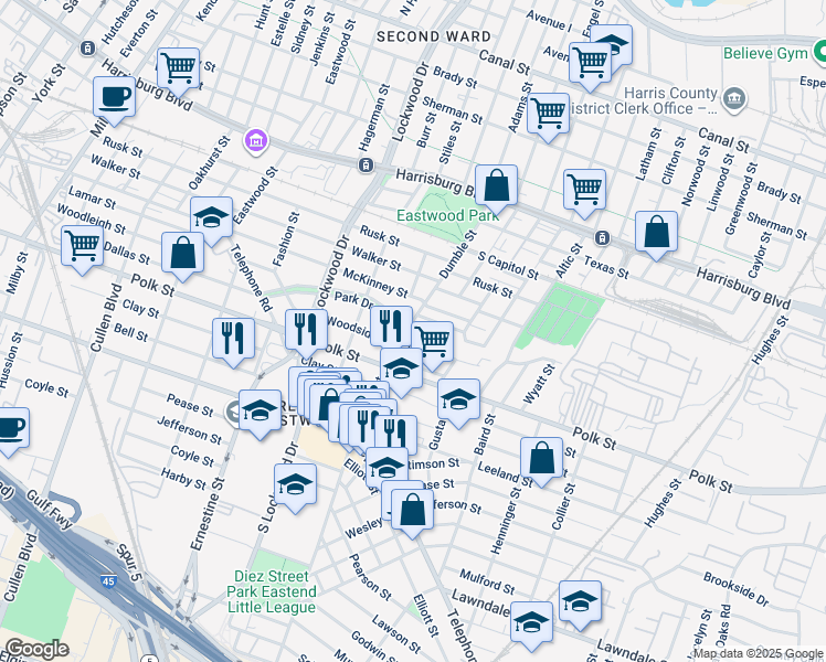 map of restaurants, bars, coffee shops, grocery stores, and more near 1103 Dumble Street in Houston