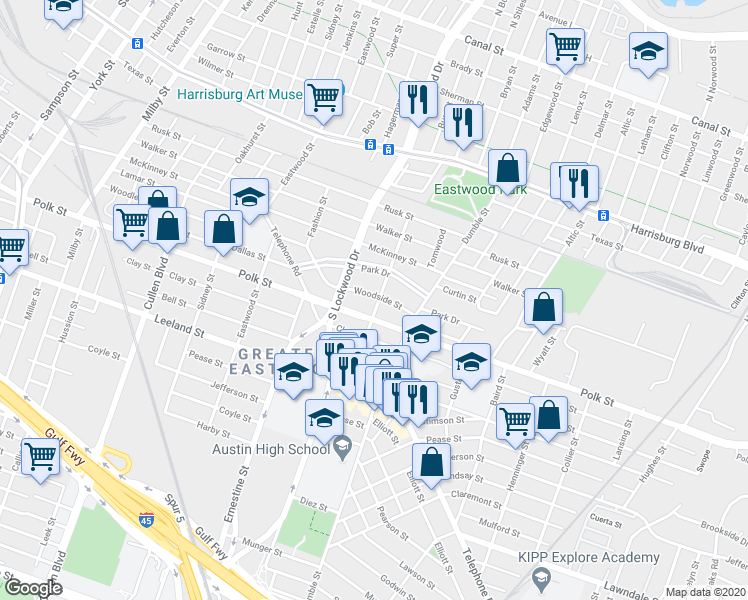 map of restaurants, bars, coffee shops, grocery stores, and more near 4705 Polk Street in Houston