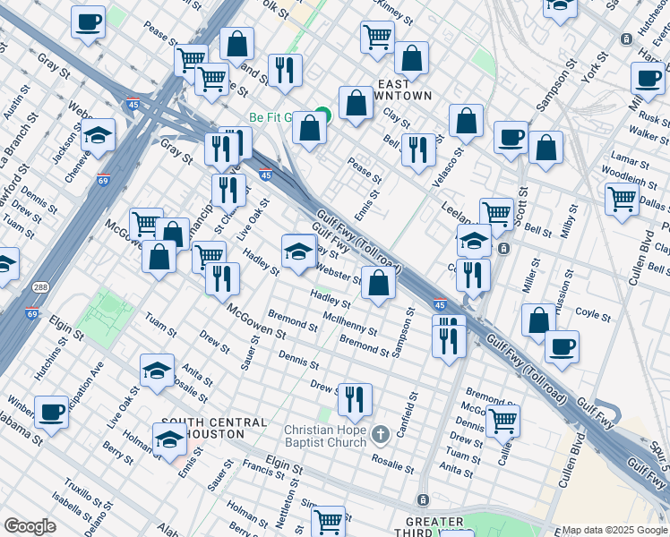 map of restaurants, bars, coffee shops, grocery stores, and more near 3130 Webster Street in Houston