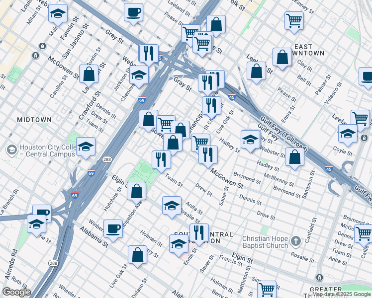 map of restaurants, bars, coffee shops, grocery stores, and more near in Houston
