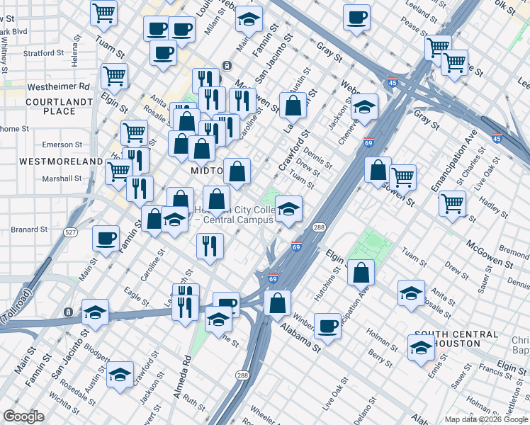 map of restaurants, bars, coffee shops, grocery stores, and more near 1629 Stuart Street in Houston