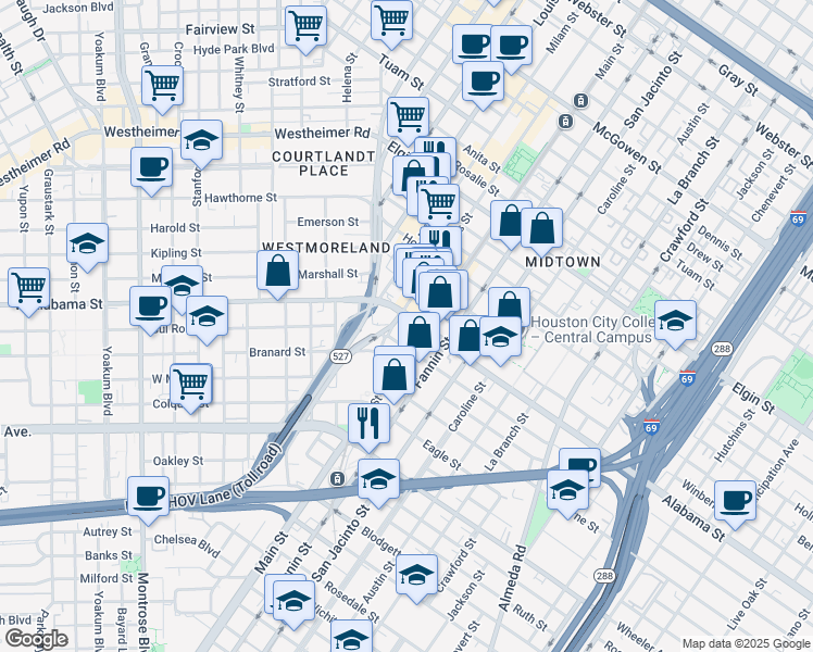 map of restaurants, bars, coffee shops, grocery stores, and more near in Houston